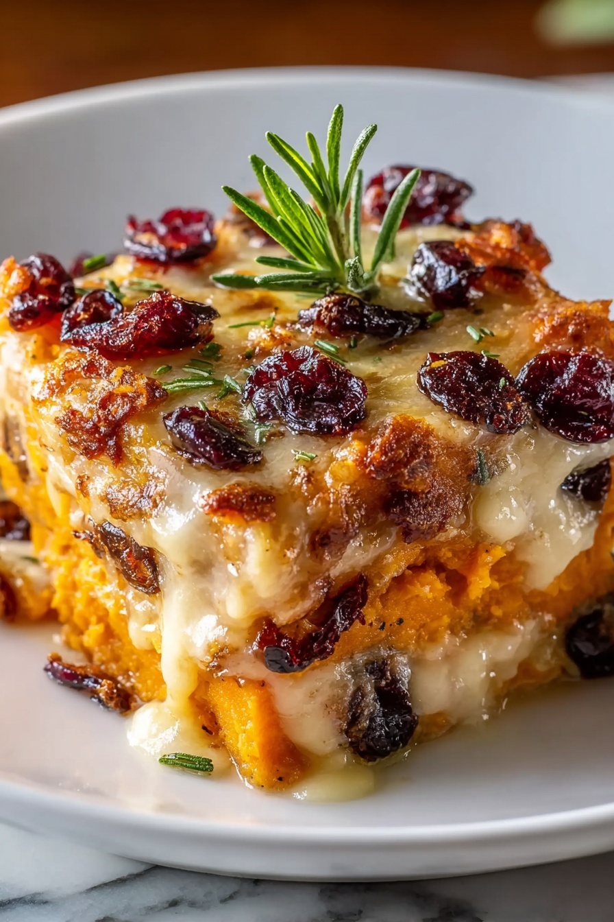 A close up of a sweet potato and cranberry gratin.