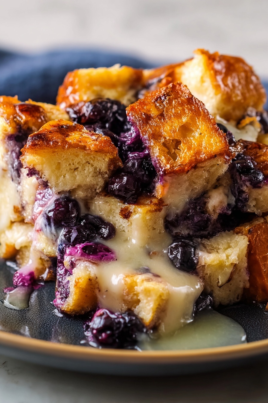 A slice of French toast with blueberries and lemon sauce.