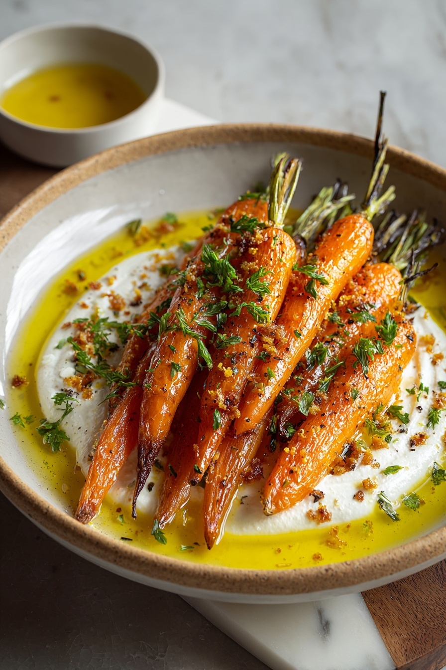 A bowl of roasted carrots with whipped ricotta and hot honey.