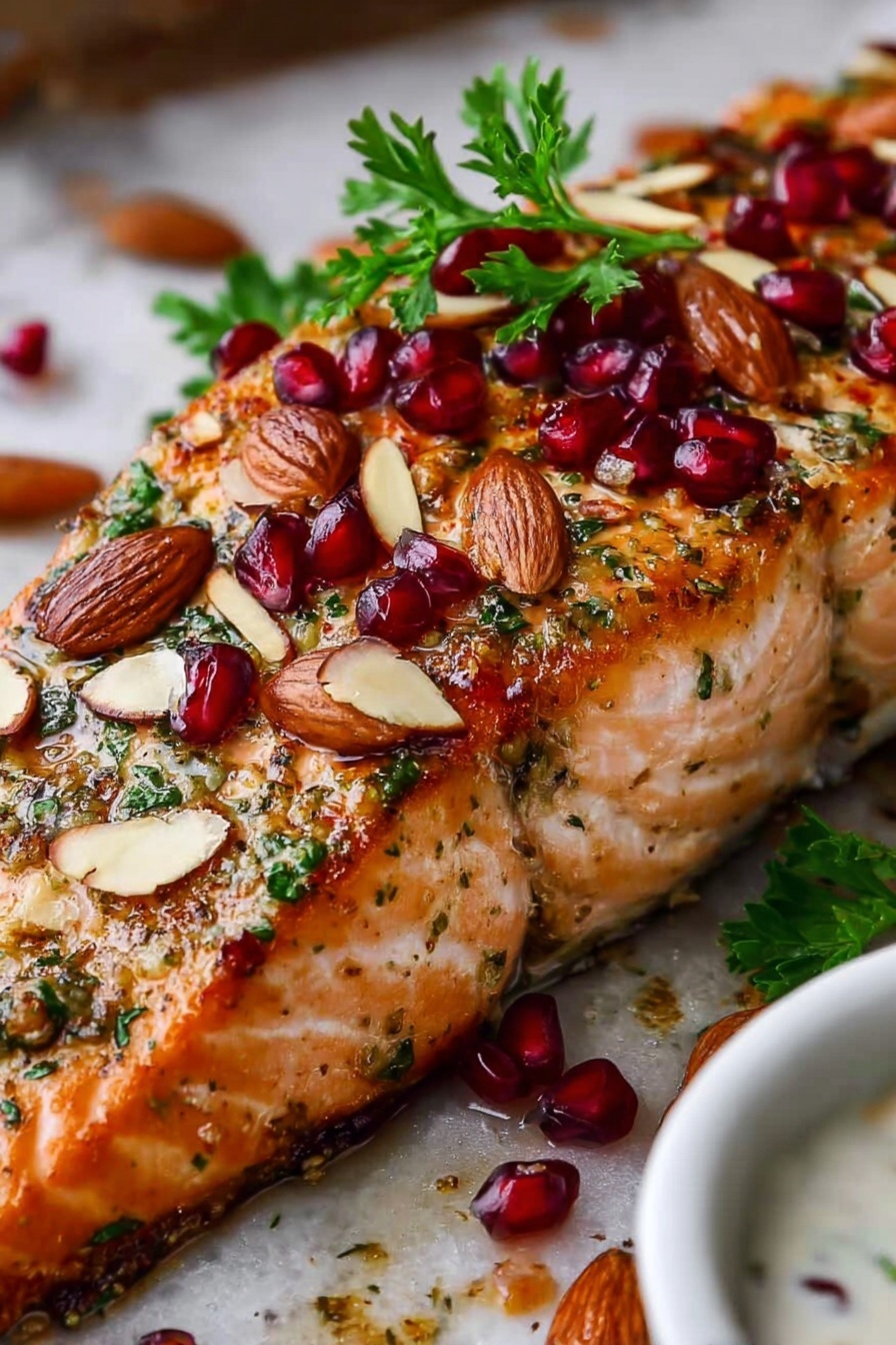 A piece of salmon with a sprig of parsley on top.