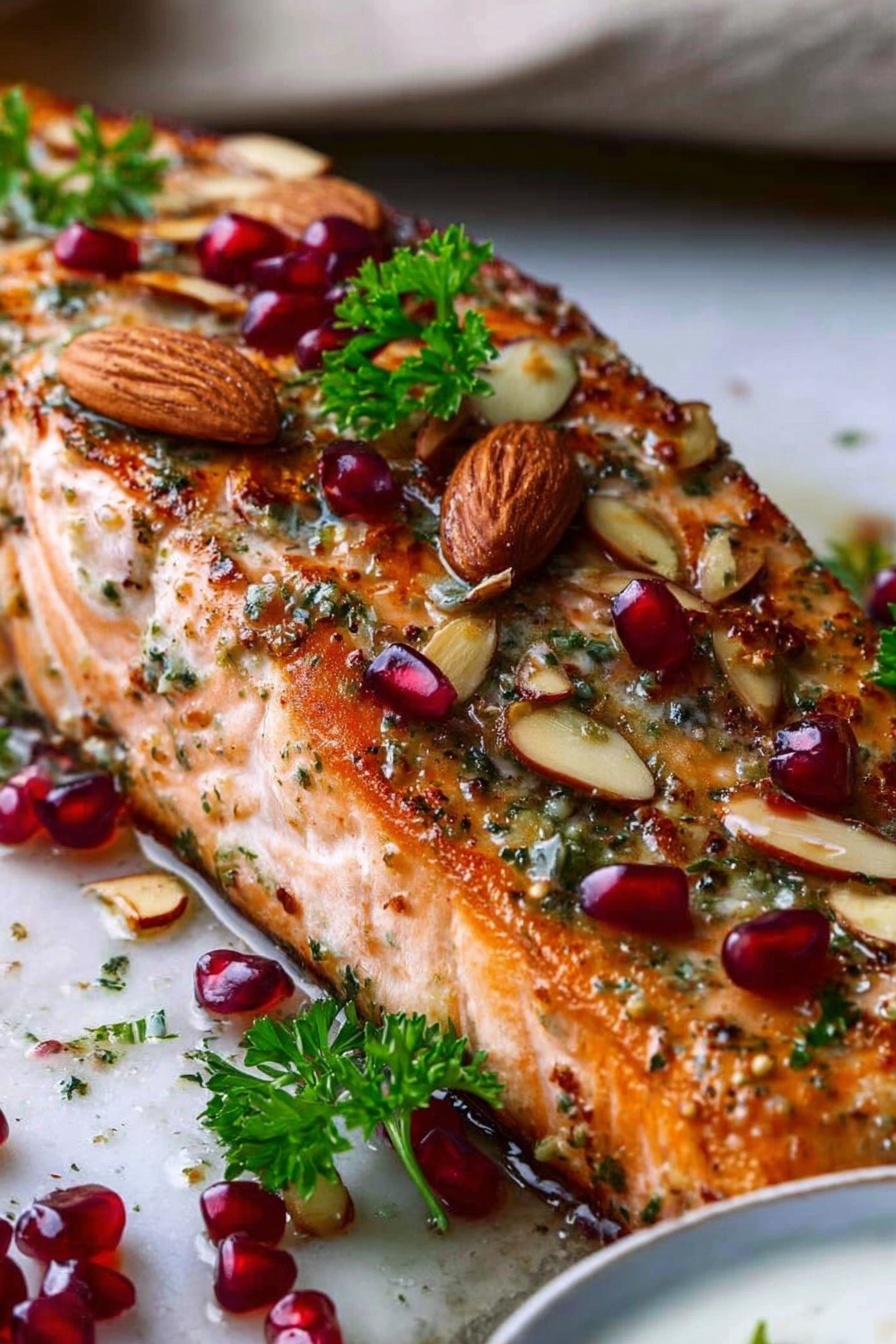 A piece of salmon with a marinade of garlic, ginger, and lemon.