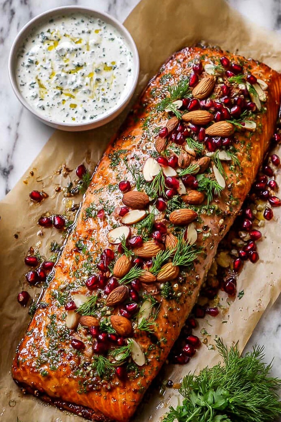 A salmon with a marinade of lemon, garlic, and herbs.