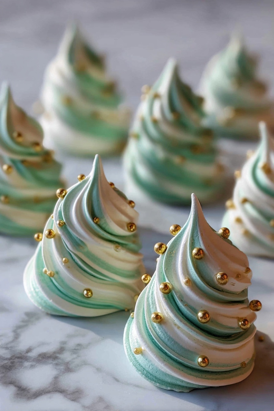 Three green and white meringues shaped like Christmas trees.