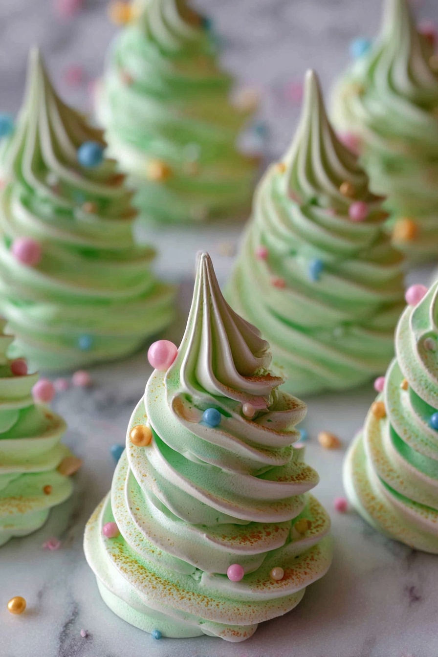 Green and white meringues shaped like Christmas trees.