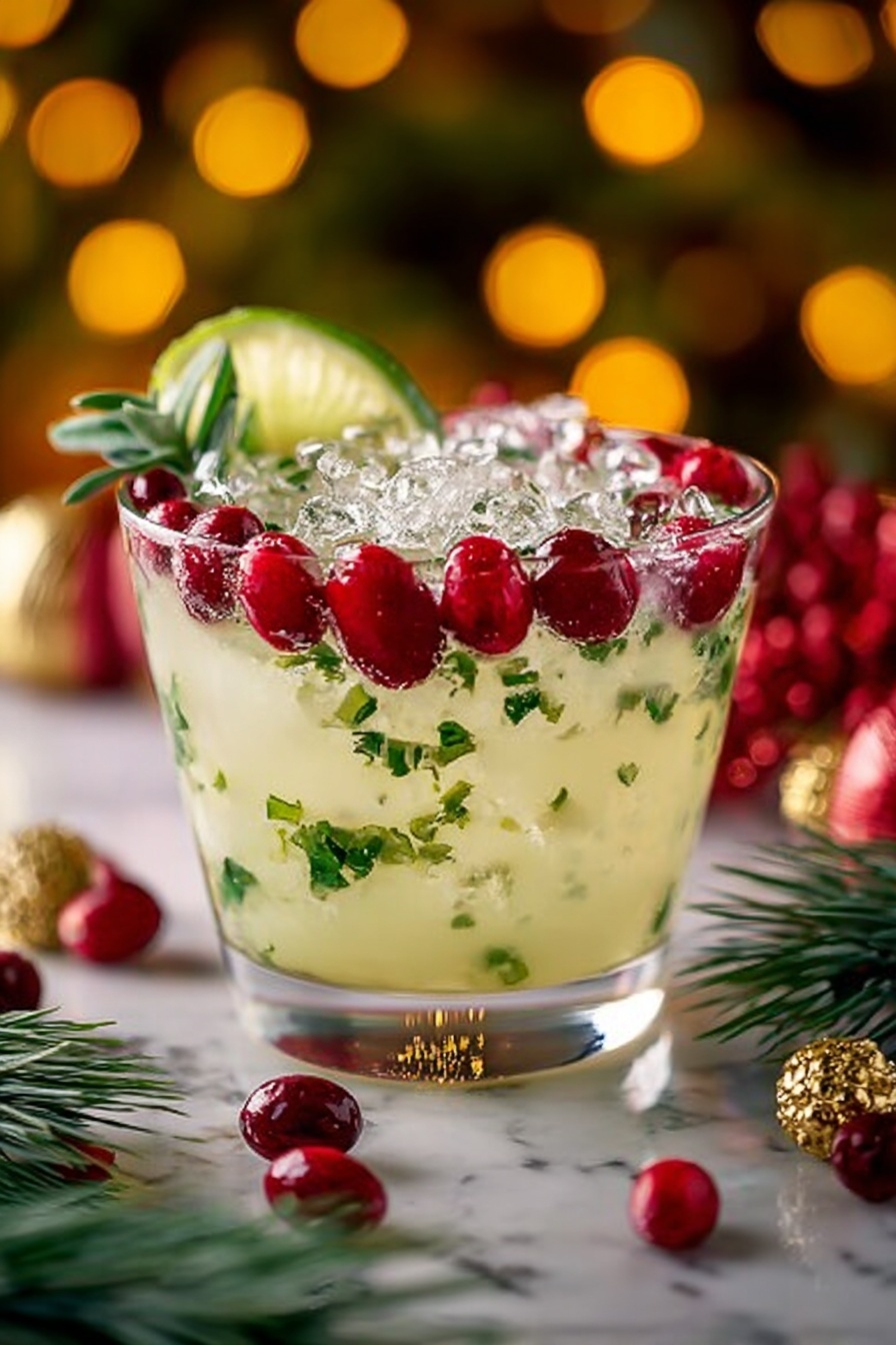 A glass of Christmas mistletoe margarita.