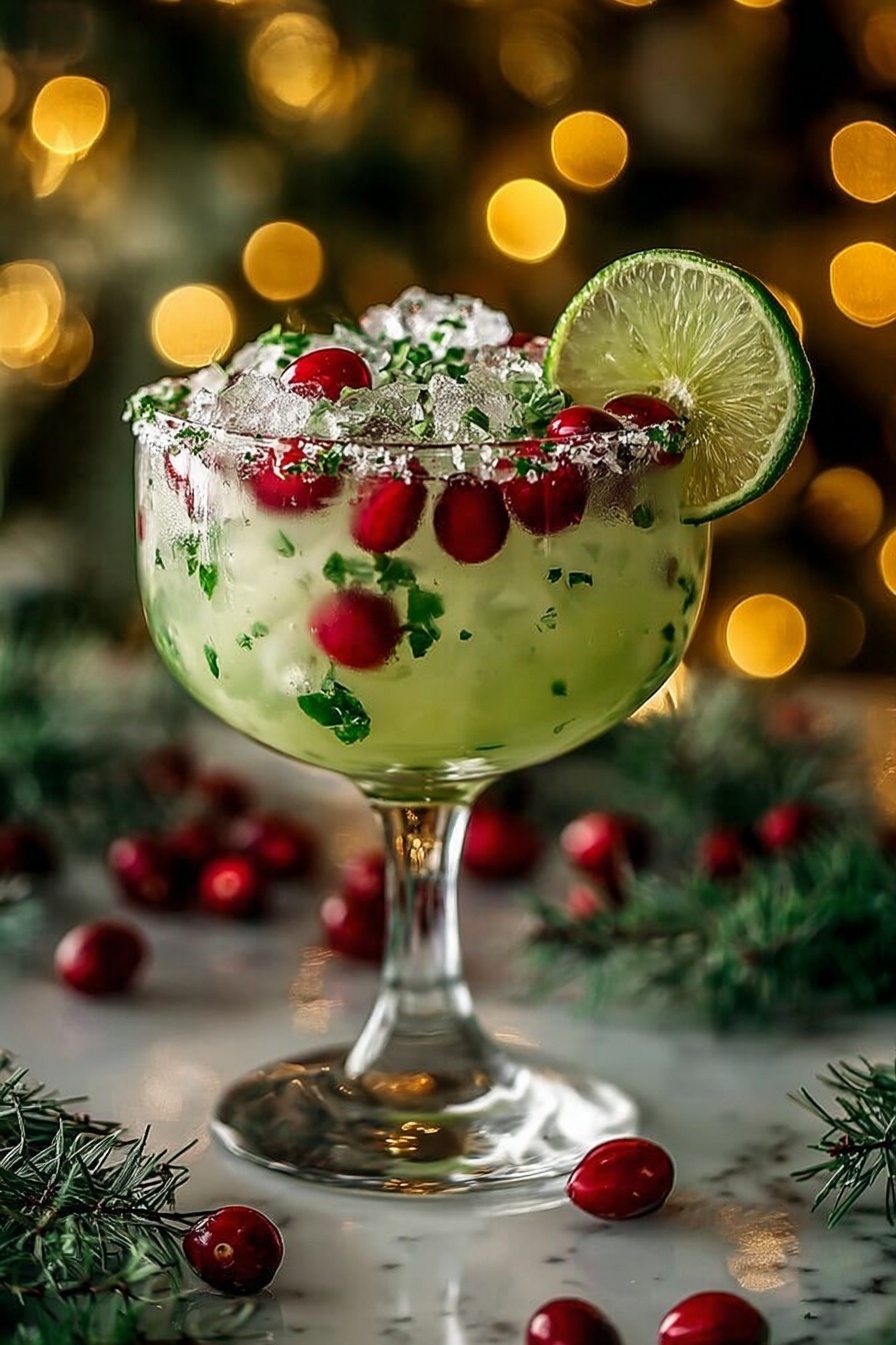 A glass of a Christmas margarita with lime and cranberries.