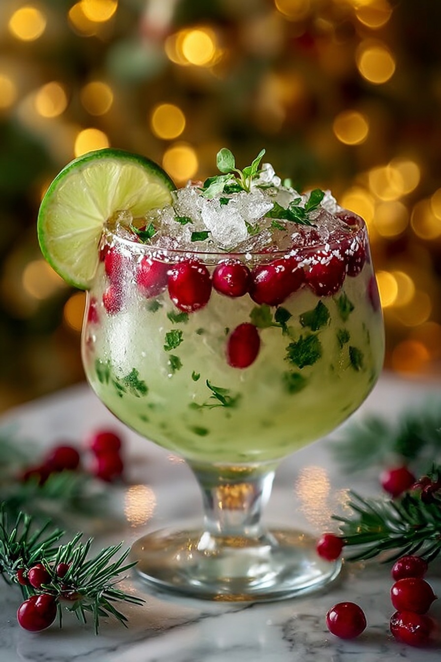 A glass of Christmas Mistletoe Margarita.