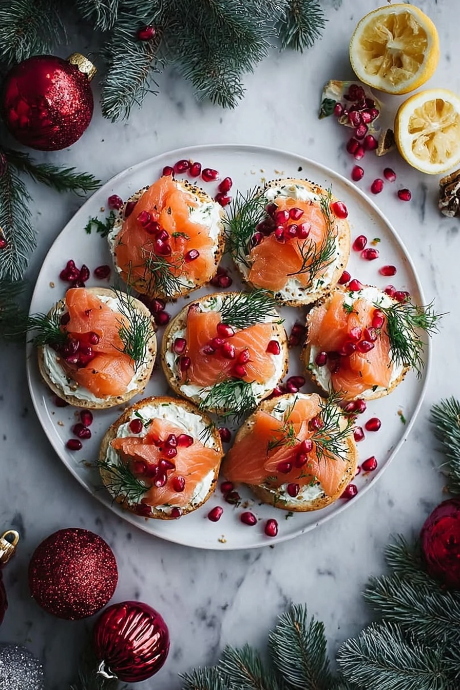 A plate of smoked salmon bruschetta with red berries.