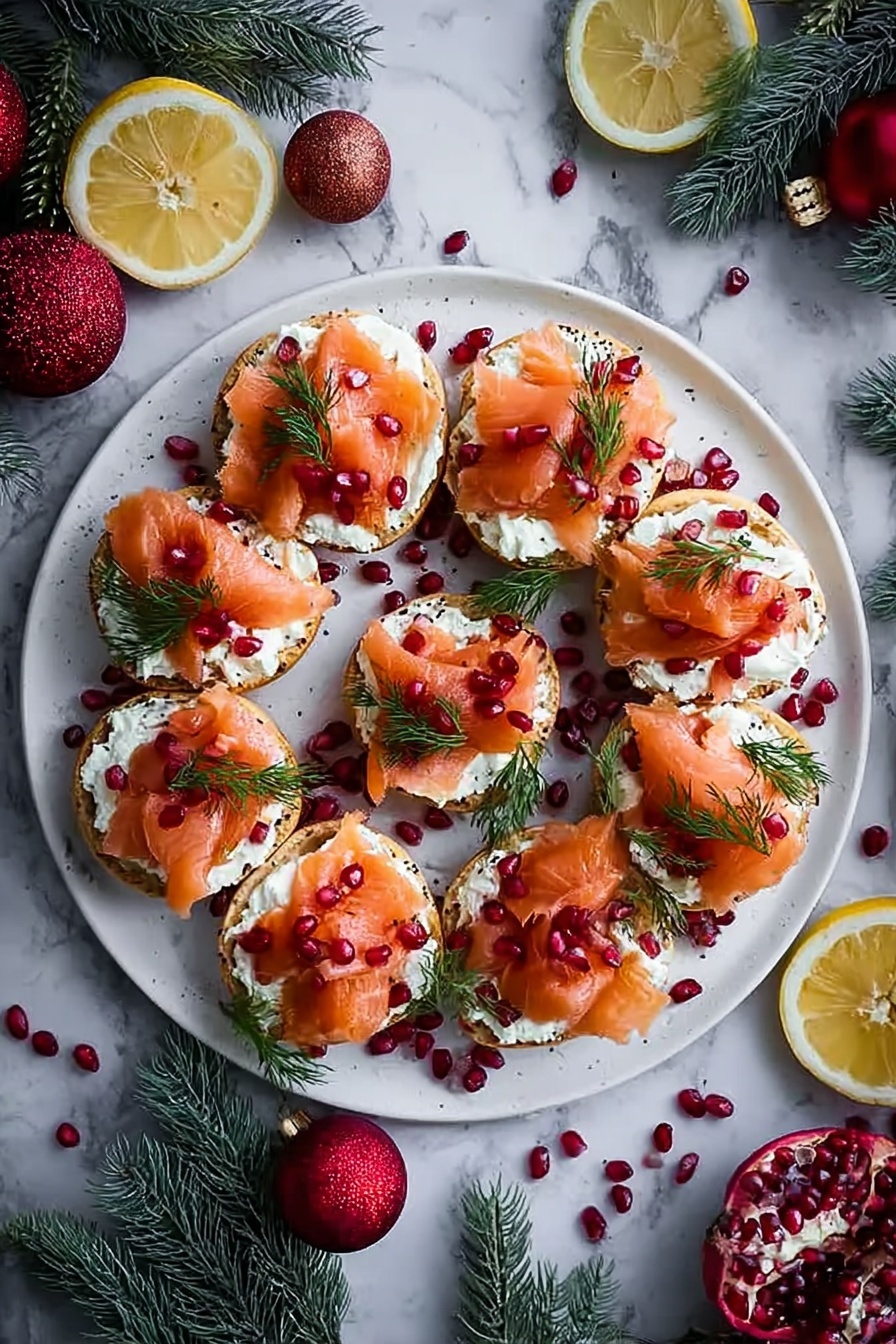 A plate of smoked salmon bruschetta with a Christmas wreath in the background.