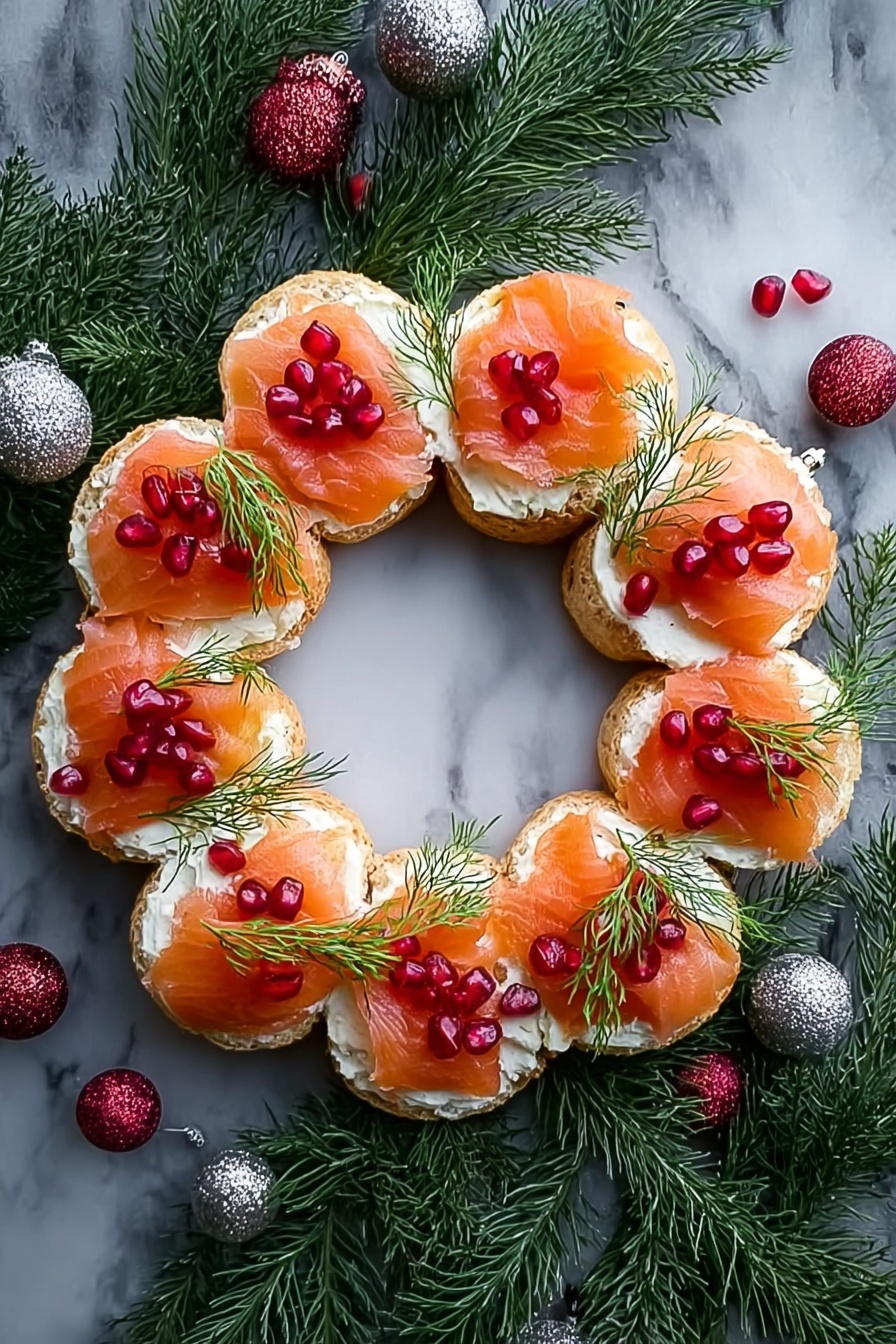 A Christmas wreath made of smoked salmon and red berries.