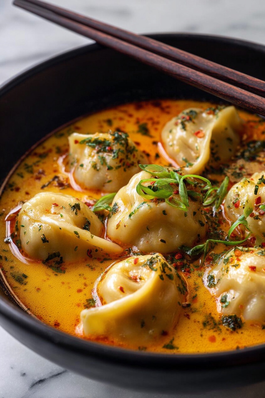 A bowl of soup with dumplings in it.