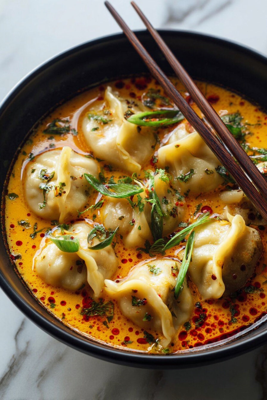 A bowl of soup with dumplings and vegetables.