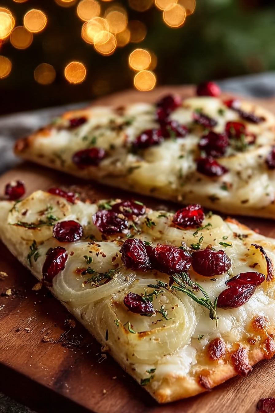A flatbread with pear, brie, and cranberry toppings.