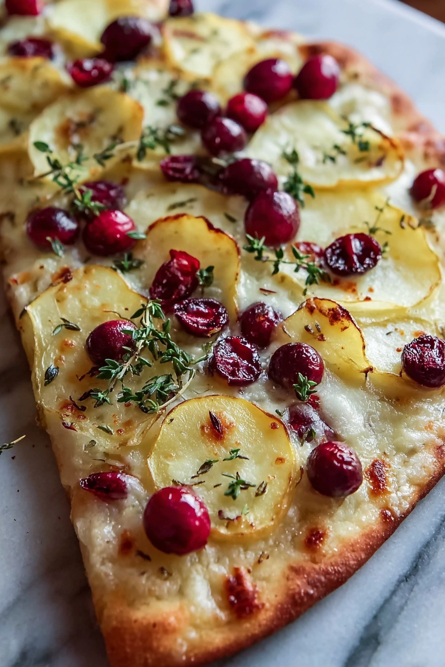 A flatbread with pear, brie, and cranberry toppings.