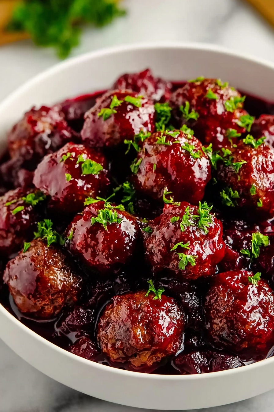 A bowl of meatballs with cranberries on top.
