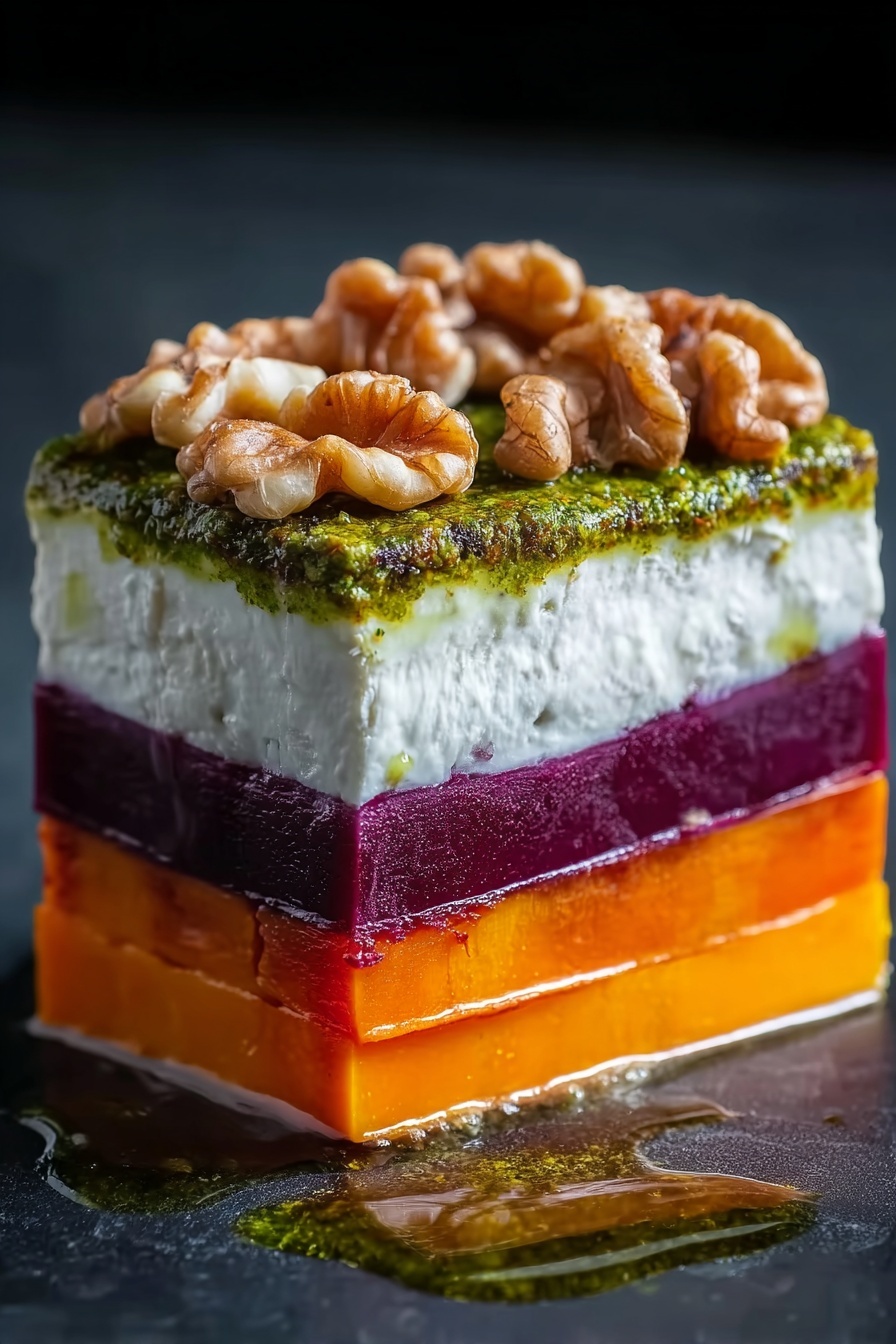 A stack of sweet potato and beet with pesto.