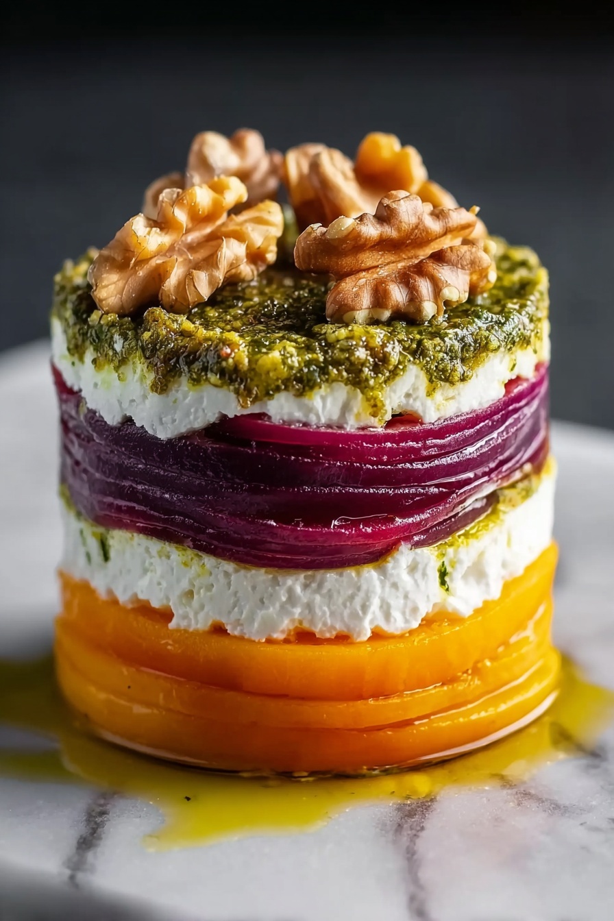A stack of sweet potato and beet with pesto.