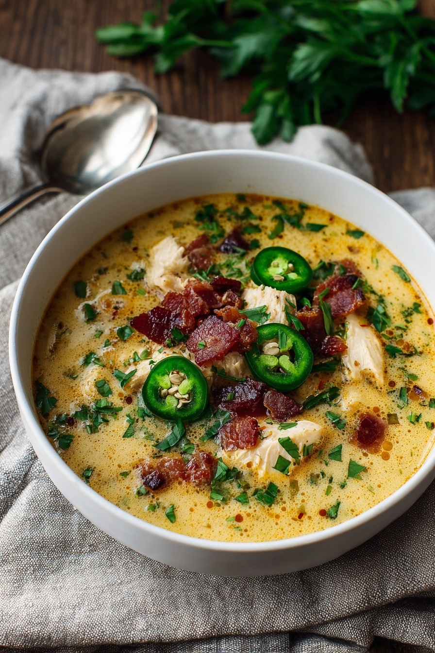 A bowl of soup with chicken and jalapenos.