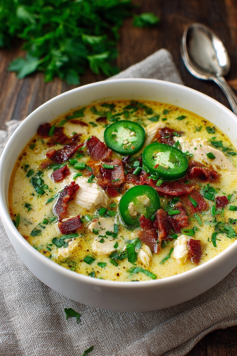 A bowl of soup with jalapenos in it.