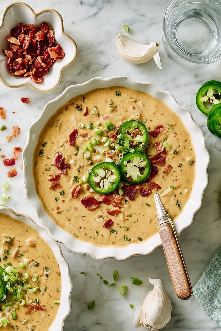 A bowl of spicy jalapeño popper chicken soup.
