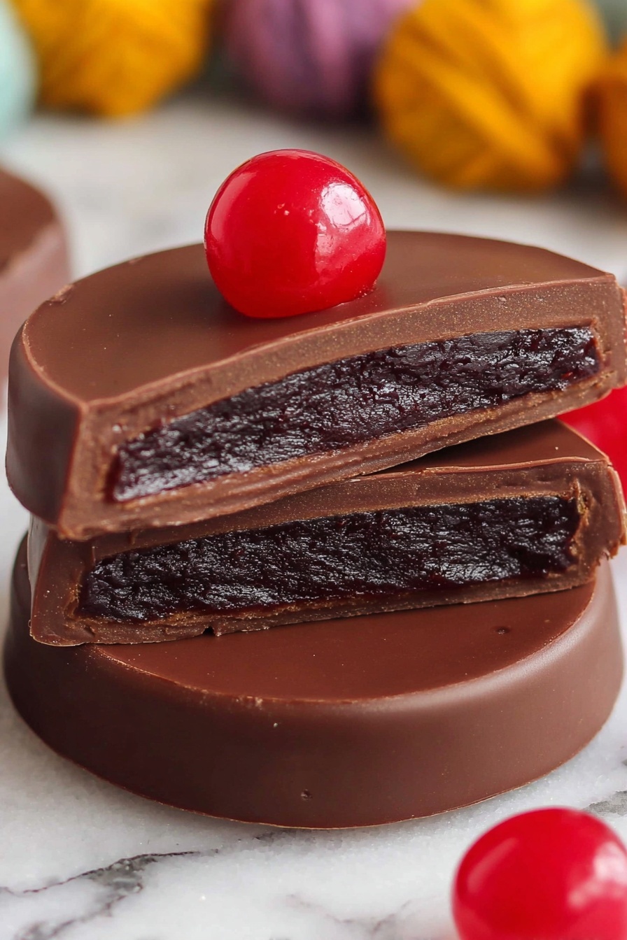 A piece of dark chocolate covered cranberry sauce.