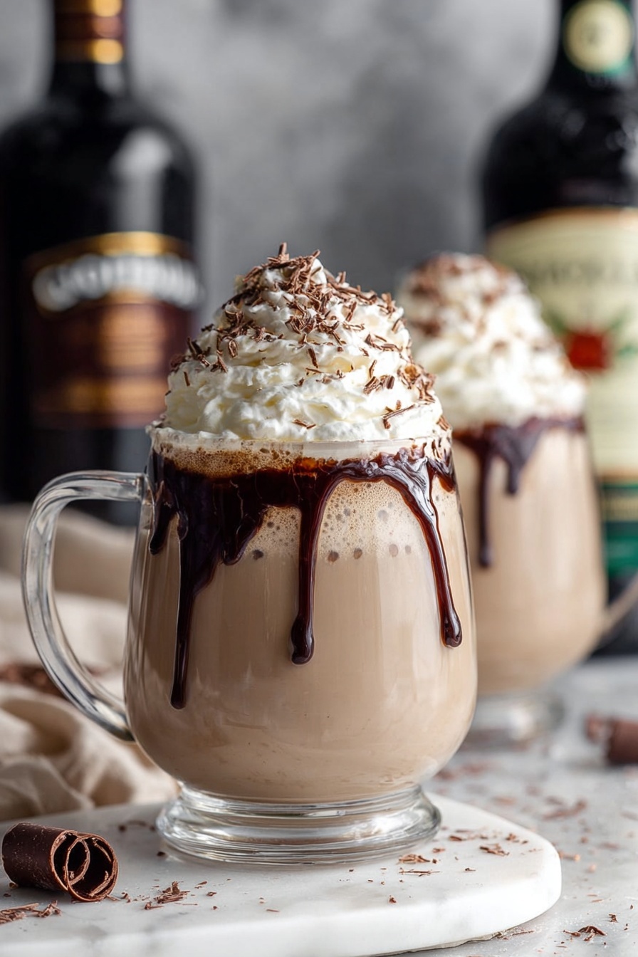A cup of coffee with a chocolate drizzle and whipped cream.