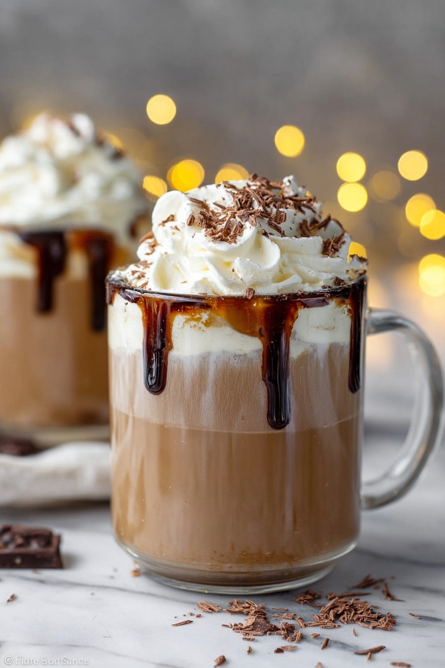 A cup of coffee with whipped cream and chocolate drizzle.