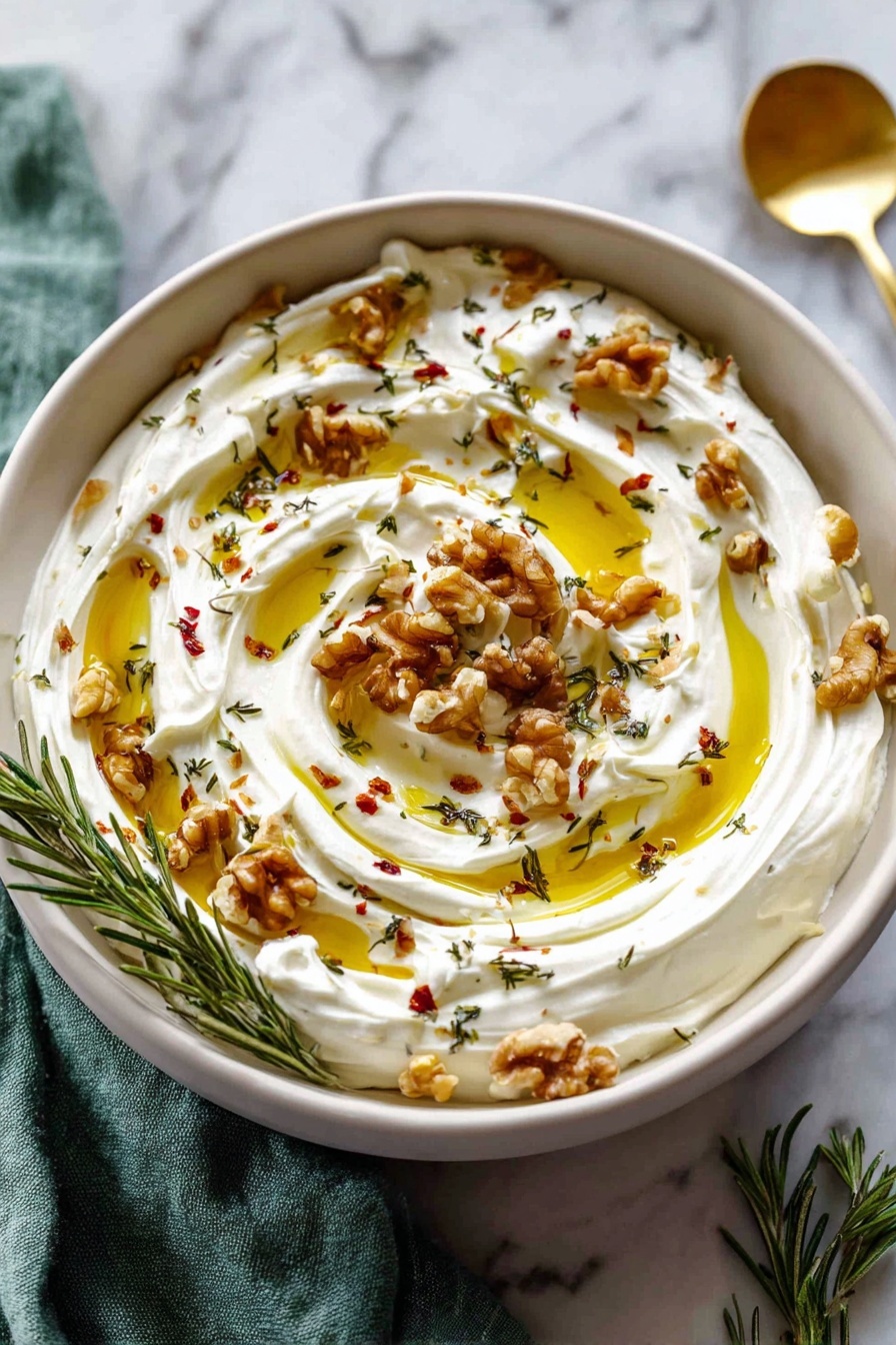 A bowl of spicy ricotta dip with hot honey.