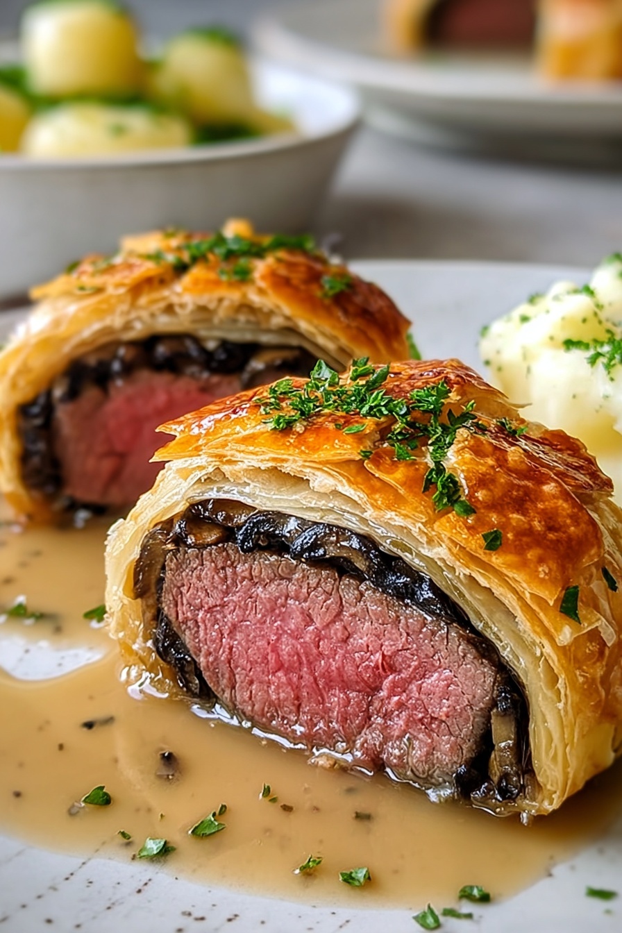 Mini beef wellingtons with mushrooms and onions.