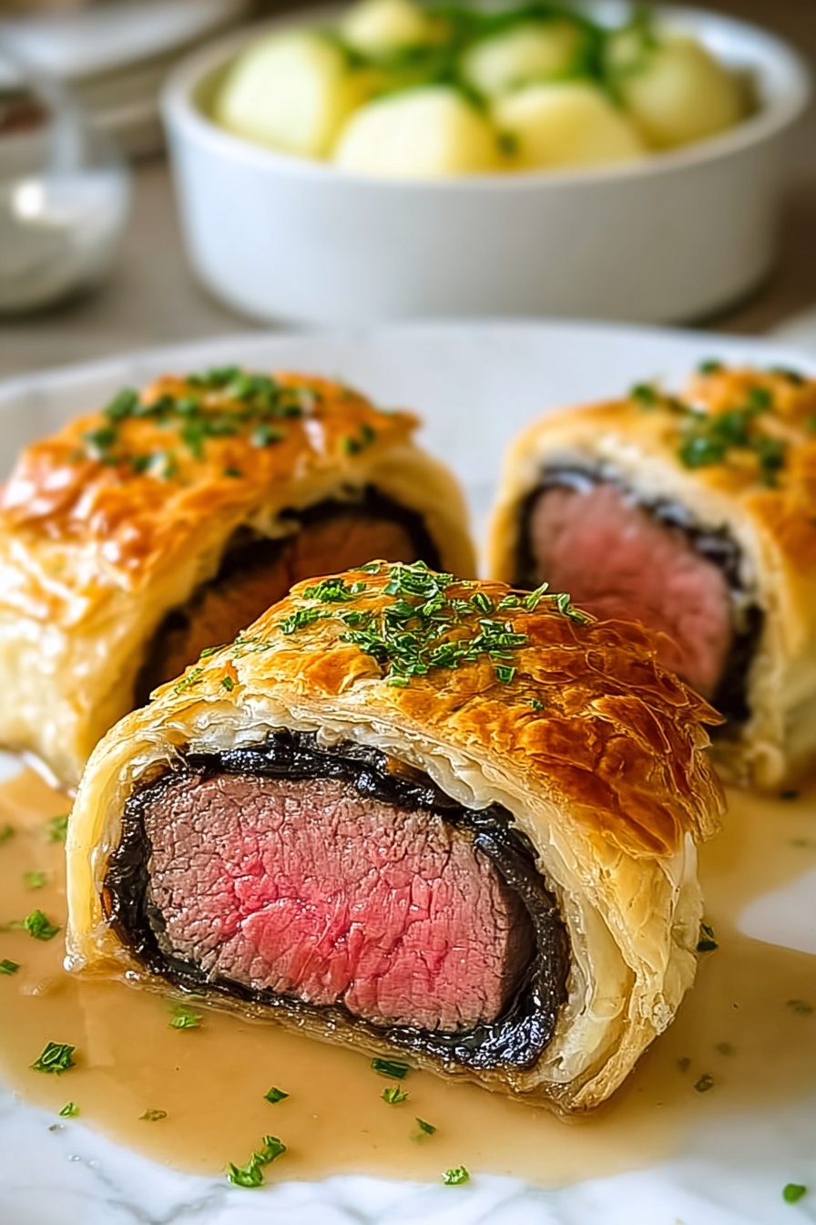 Mini beef wellingtons on a plate.