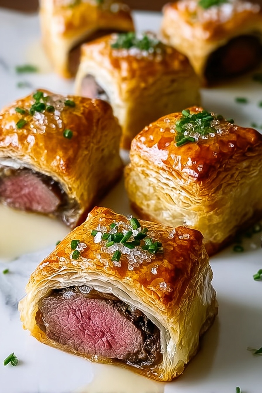 Mini beef wellingtons with green onions on top.