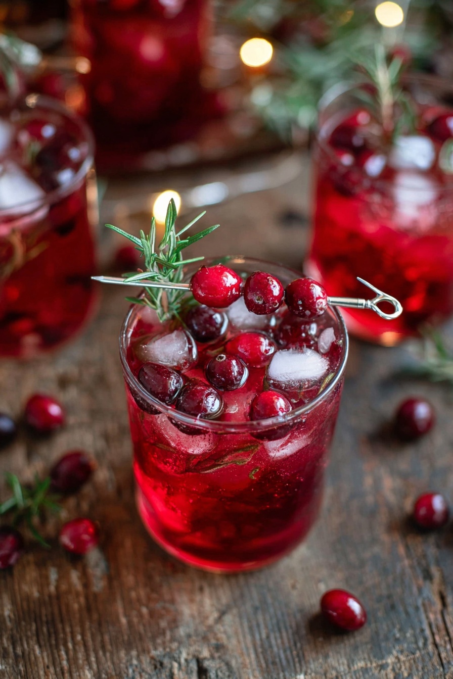 A glass of cranberry gin spritz with a sprig of cranberry in it.