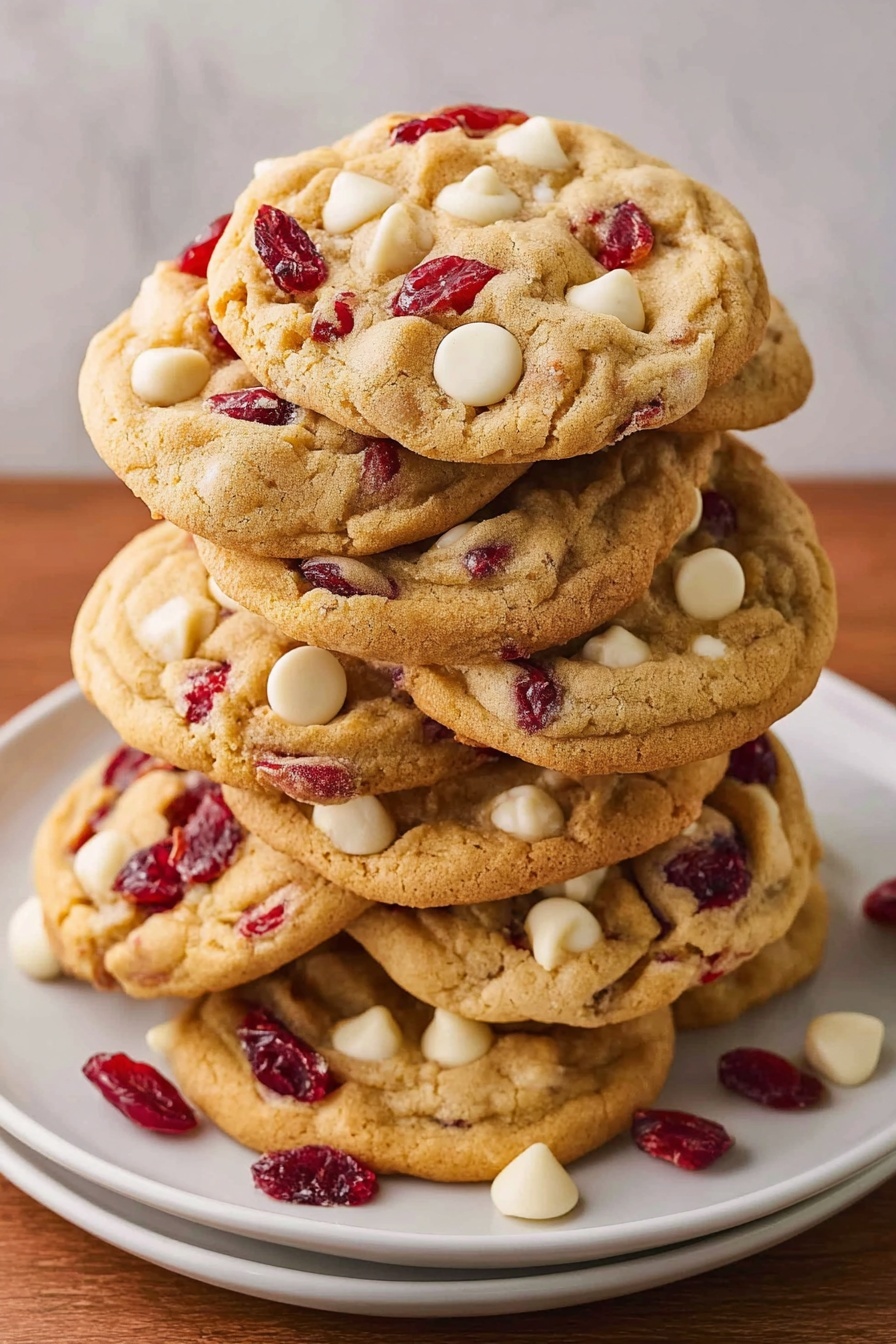 White chocolate cranberry cookies stacked on a plate.