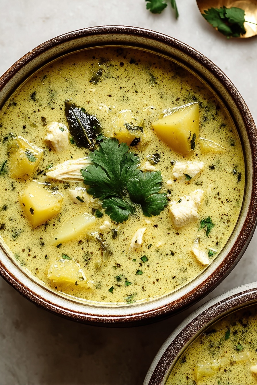 A bowl of soup with a green herb on top.