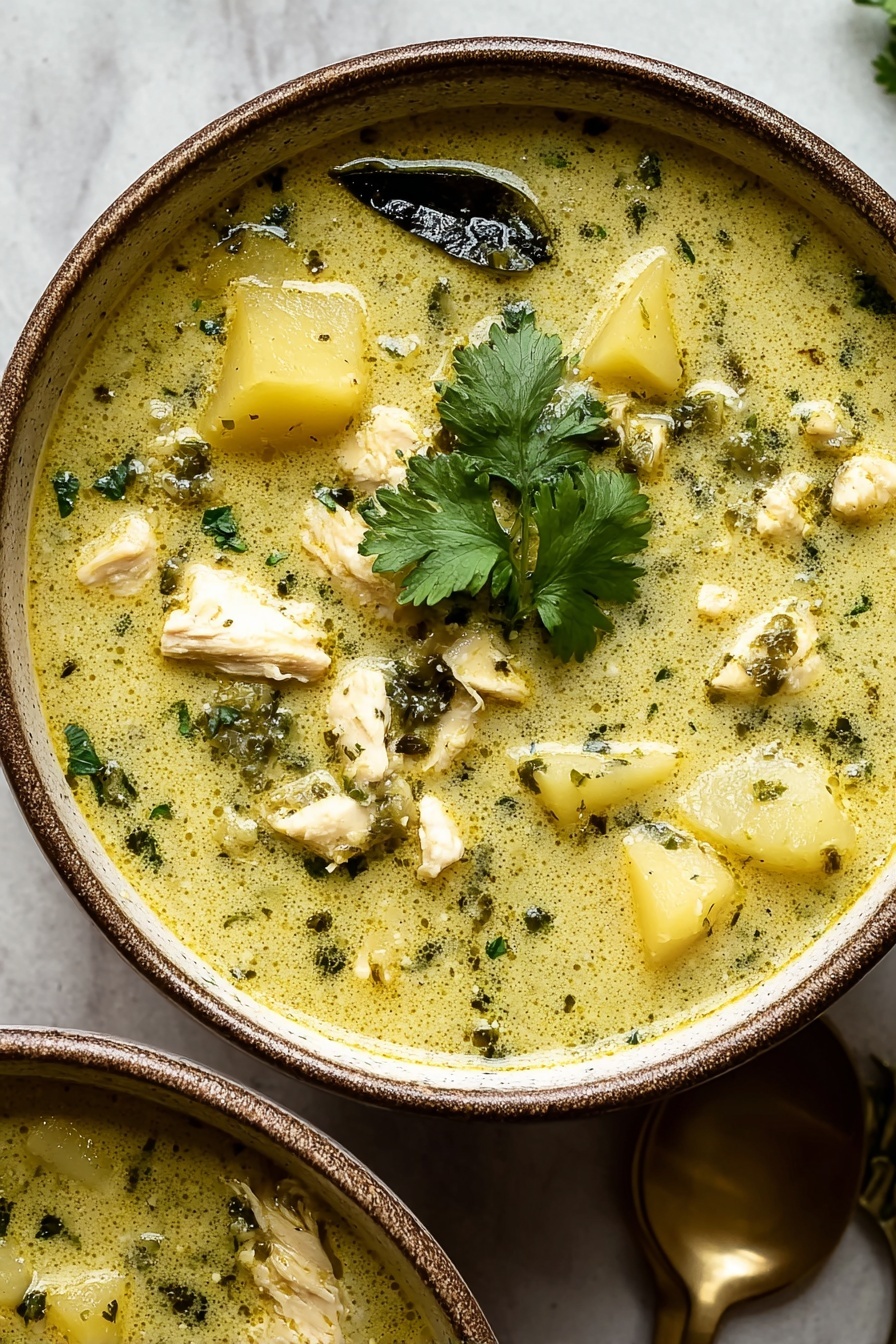 A bowl of soup with chicken, potatoes, and herbs.