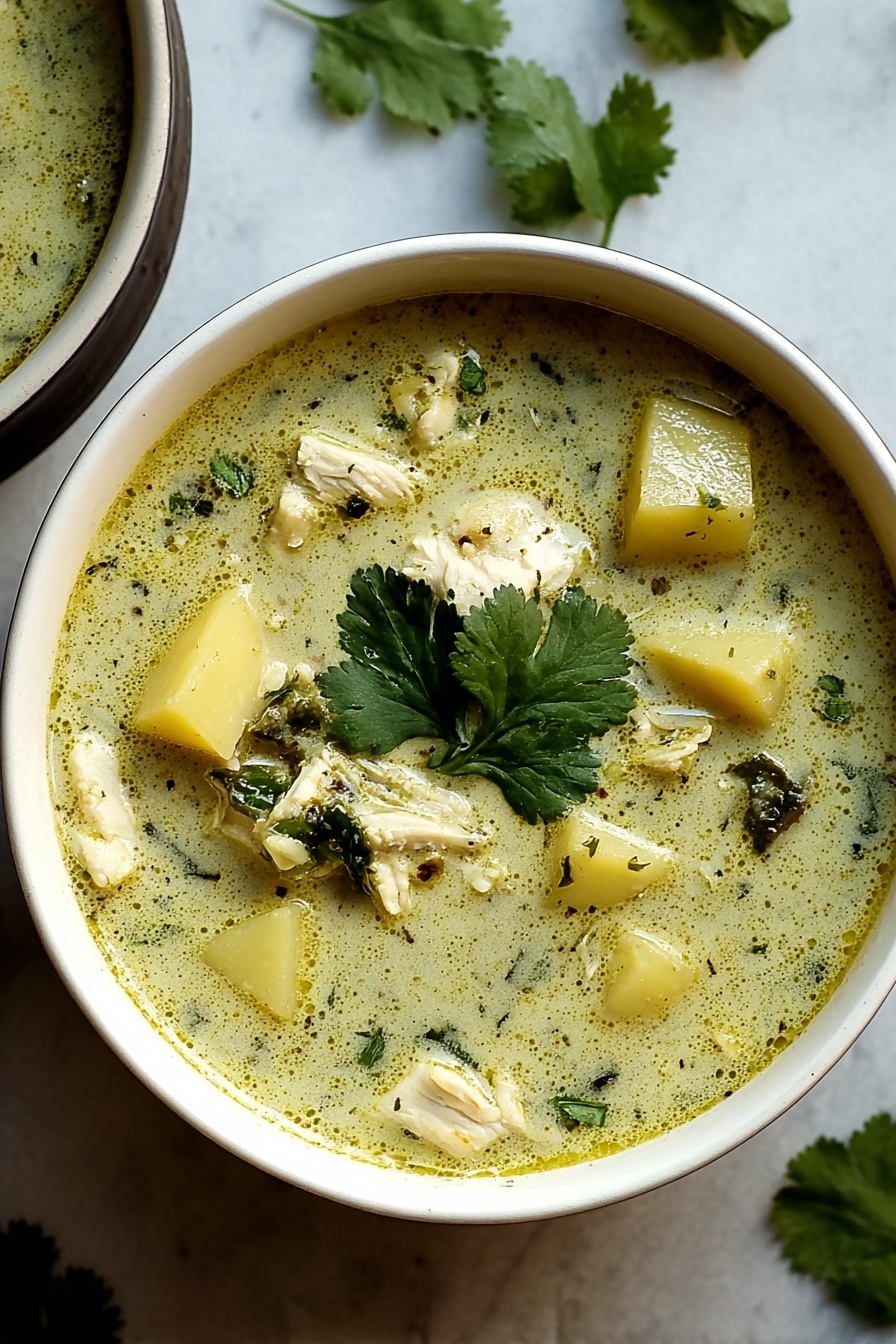 A bowl of soup with a green herb on top.