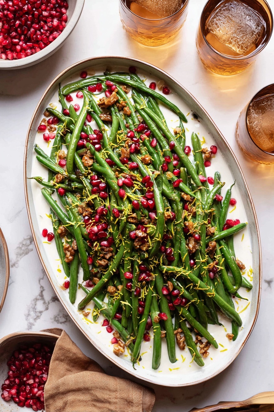 A dish of green beans with toasted pistachios and brown butter.