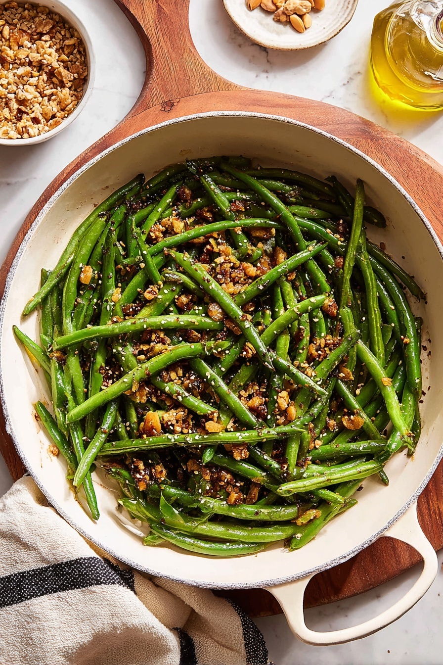 A pan of green beans with brown butter and toasted pistachios.