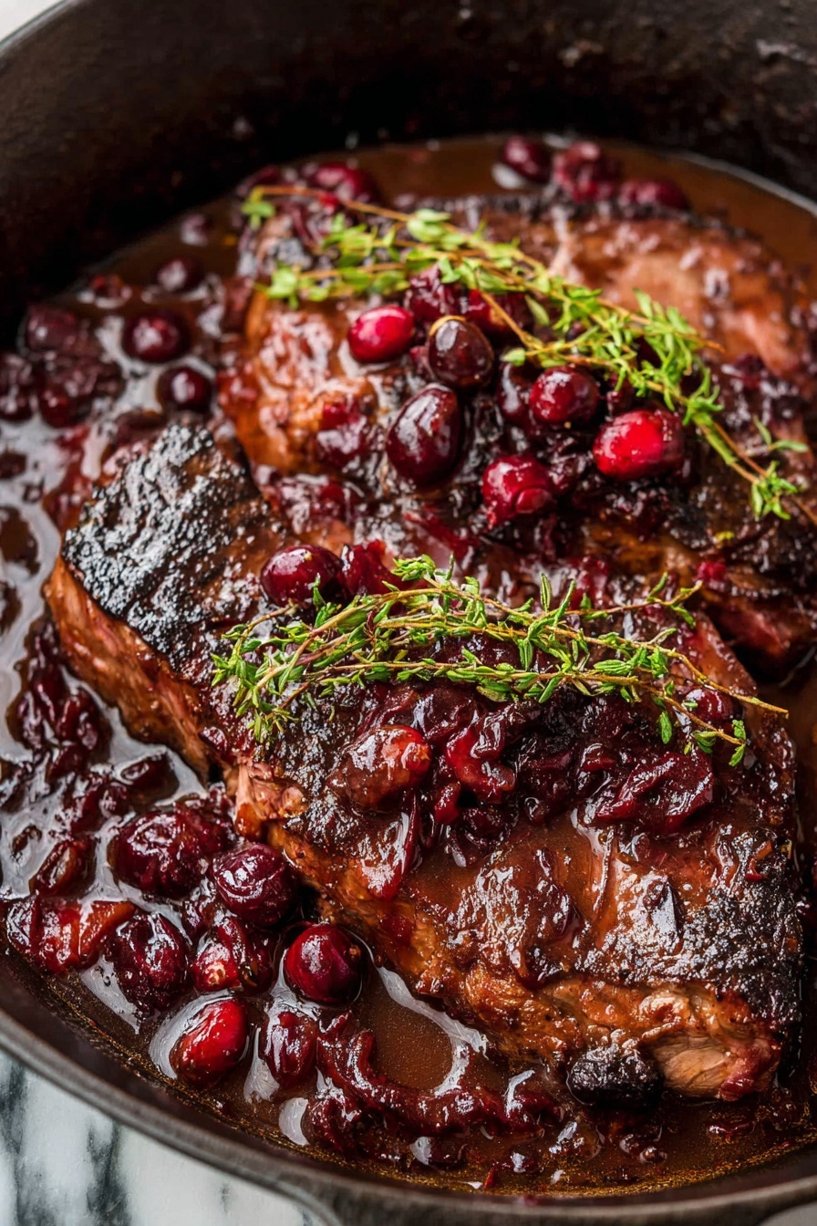 A close up of a roast beef with cranberry sauce.
