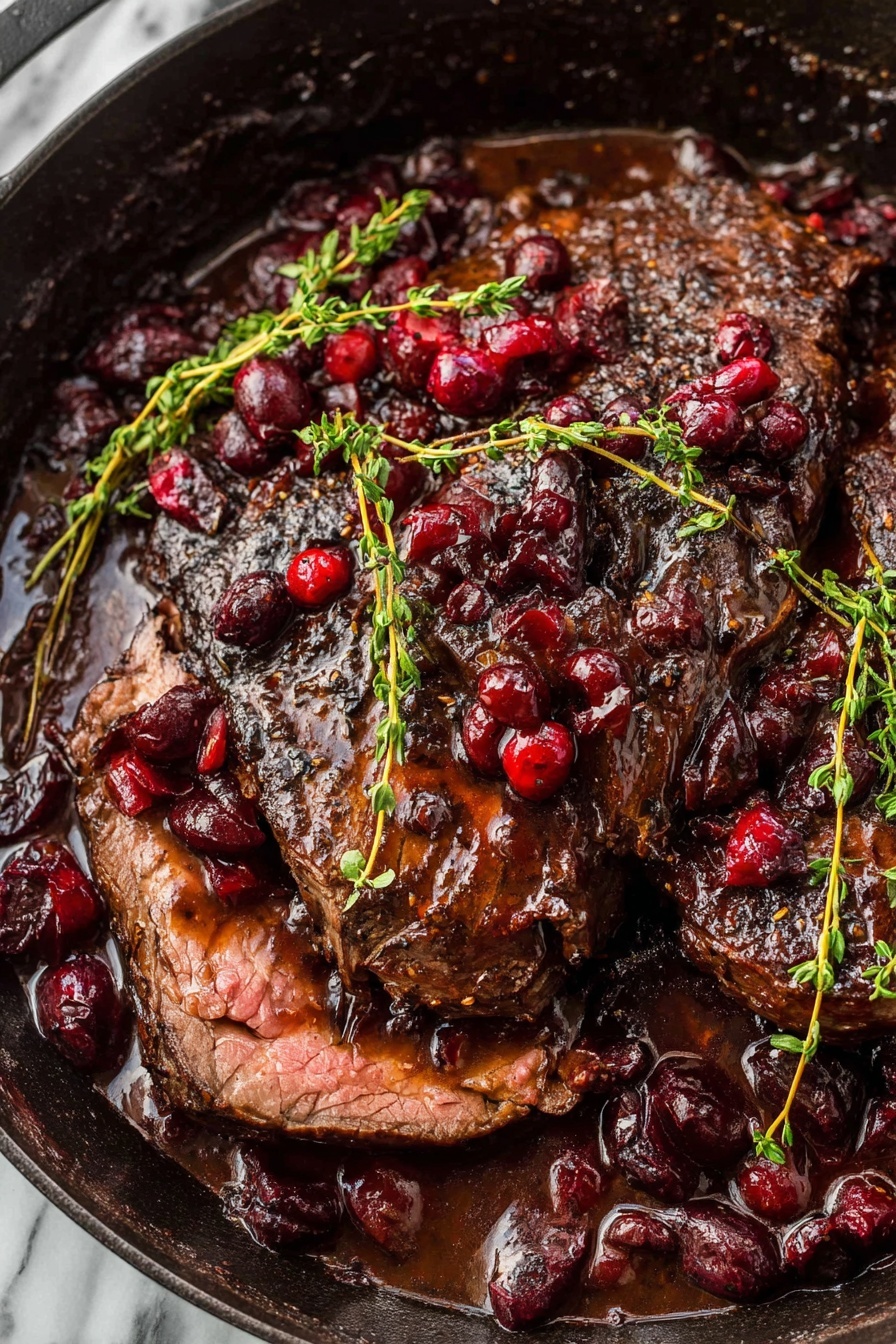 A close up of a roast beef with cranberries and balsamic sauce.