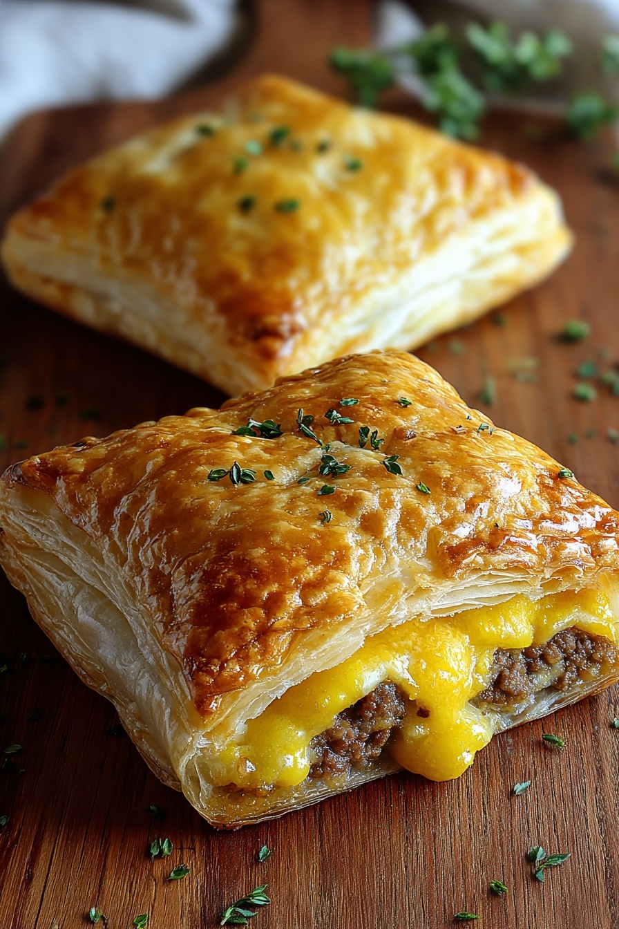 Two savory breakfast pop-tarts with cheese and meat fillings.