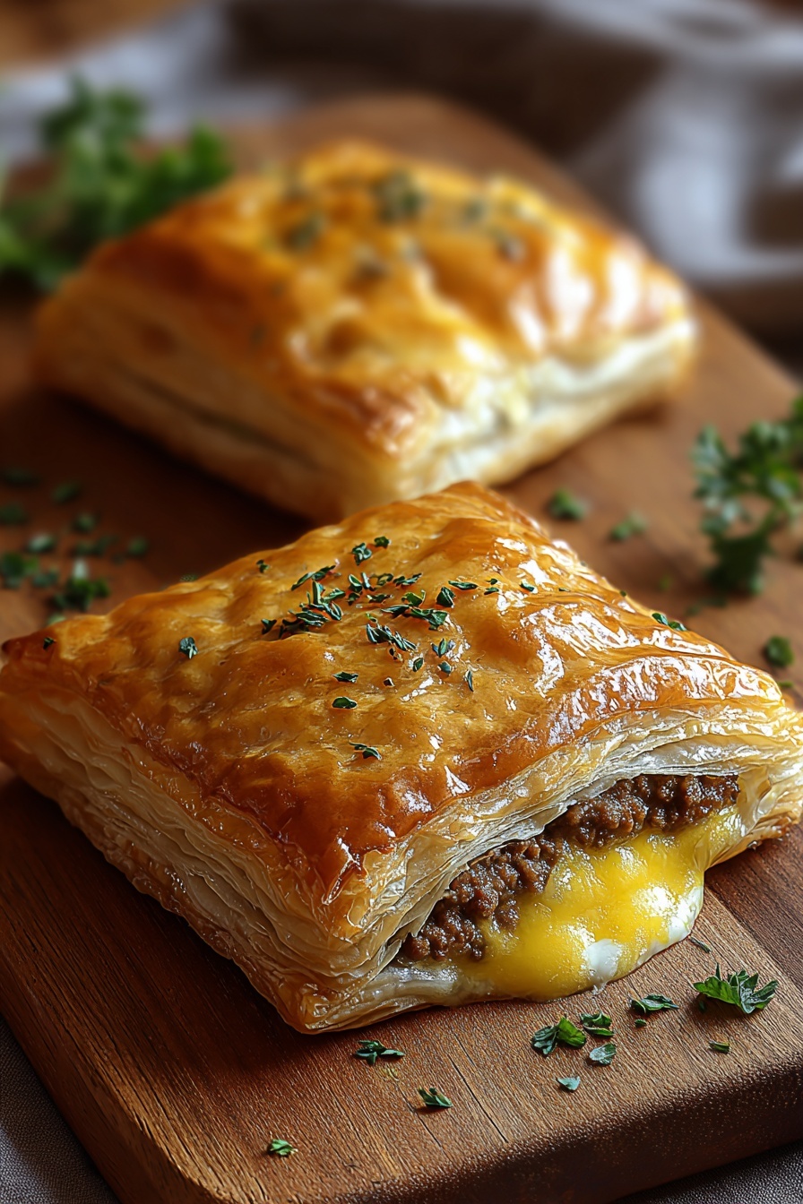 Two savory breakfast pop-tarts on a wooden table.