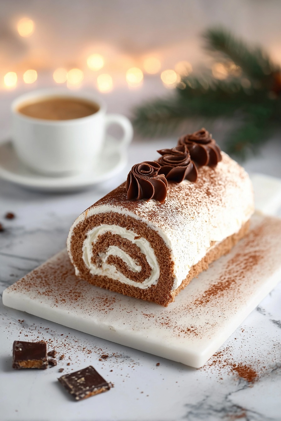 A gourmet tiramisu yule log cake.