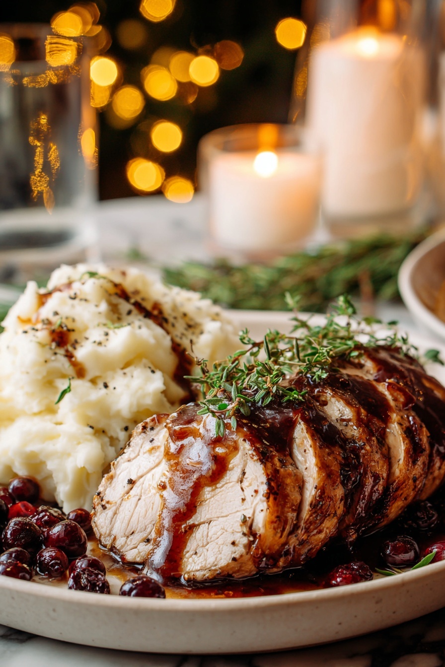 A plate of food with a turkey and mashed potatoes.