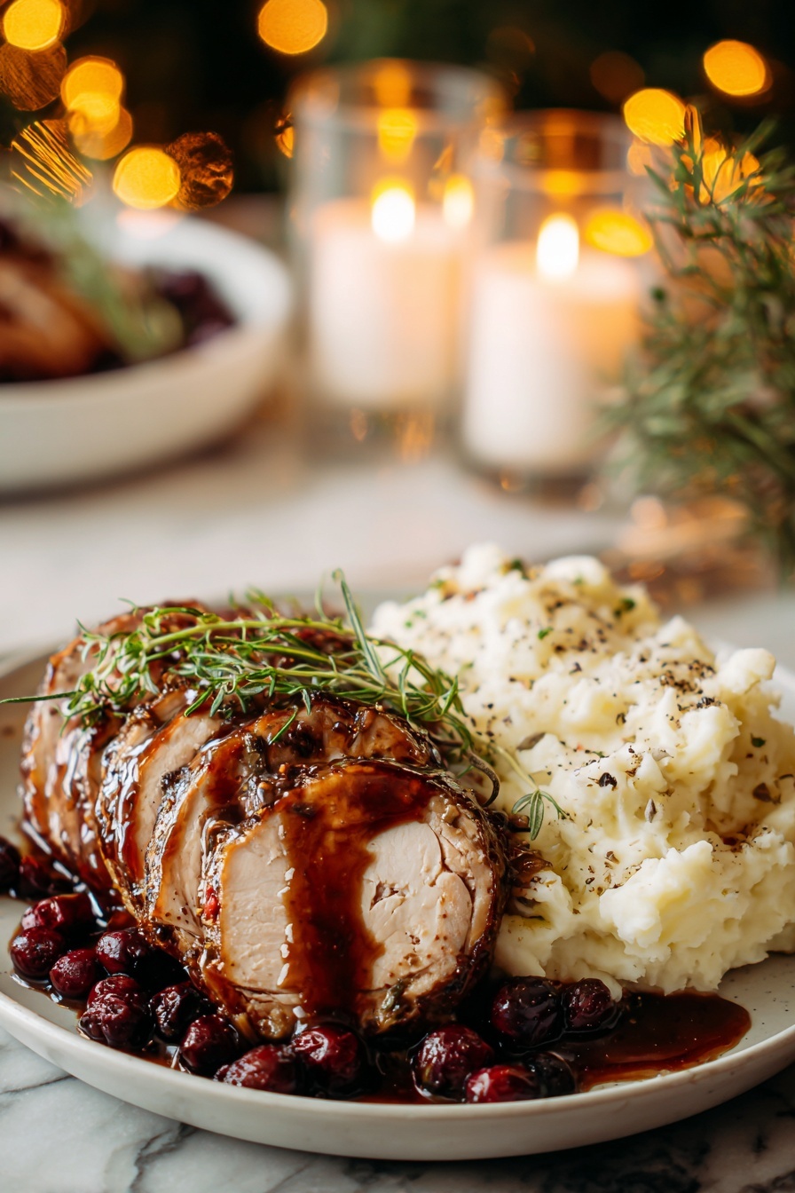 A plate of food with a turkey and mashed potatoes.
