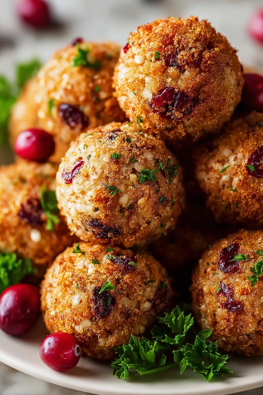A plate of stuffing balls with cranberries and green herbs.