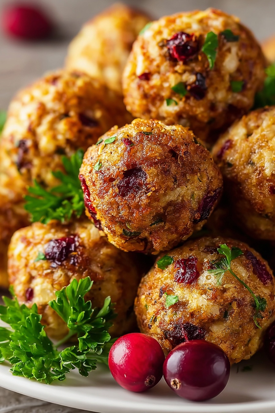 A plate of stuffing balls with green toppings.
