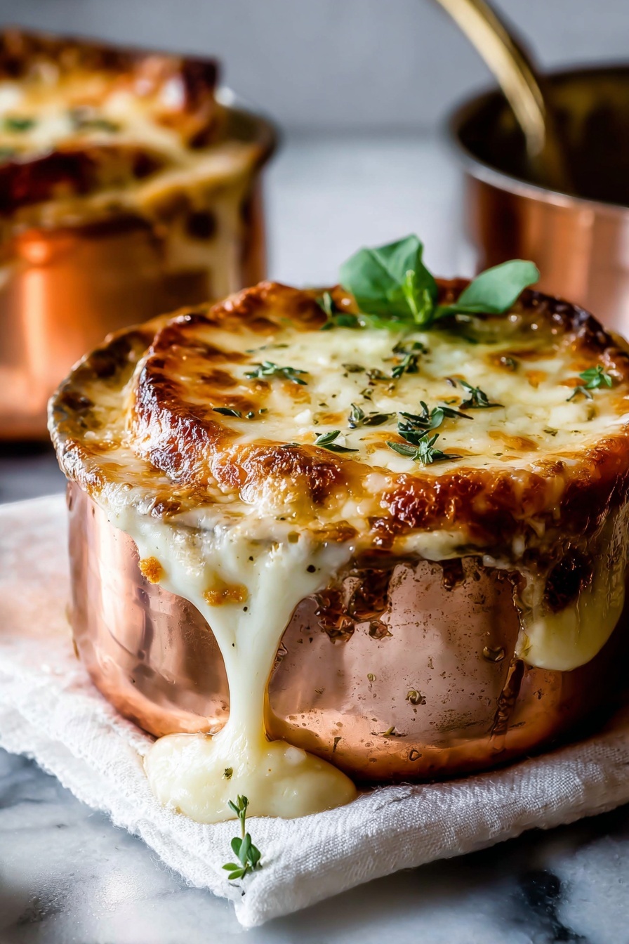 A close up of a French onion soup in a copper pot.