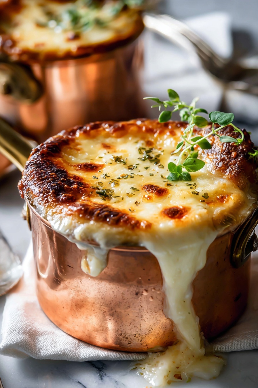 A close up of a French onion soup.