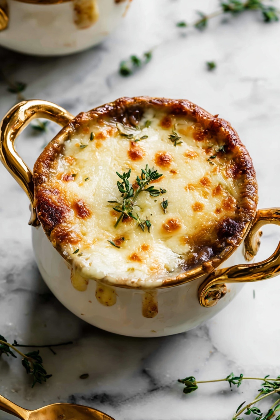 A bowl of French onion soup with a spoon in it.